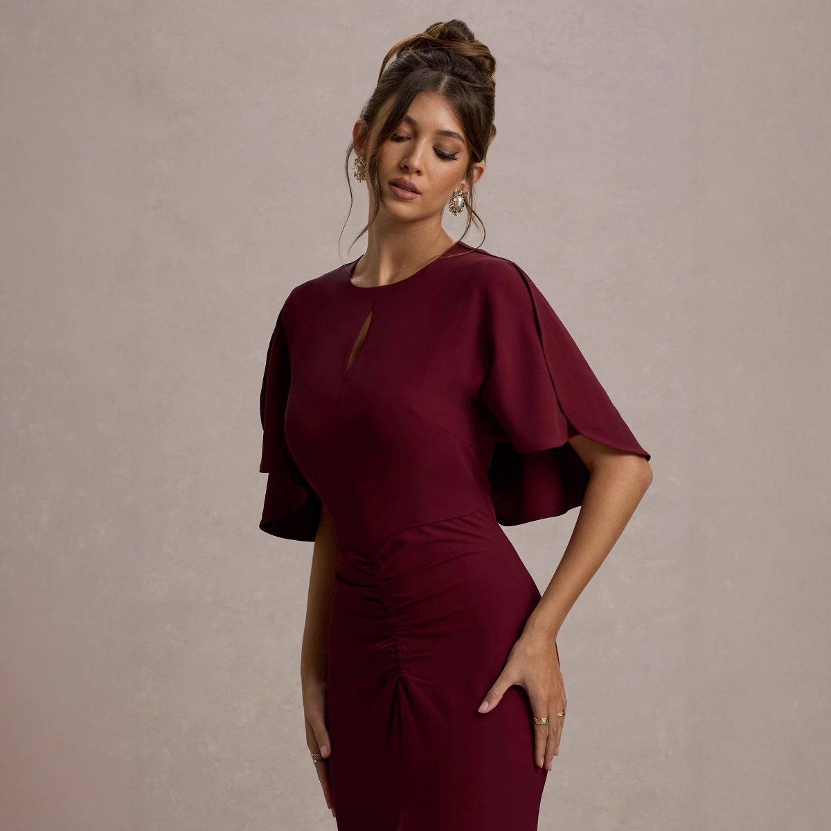 Summer New Style Hot Girl MidSleeve Hollow Out Bust Ruched Dress WaistCinching Ruched Bodycon Sexy Long Dress for Women