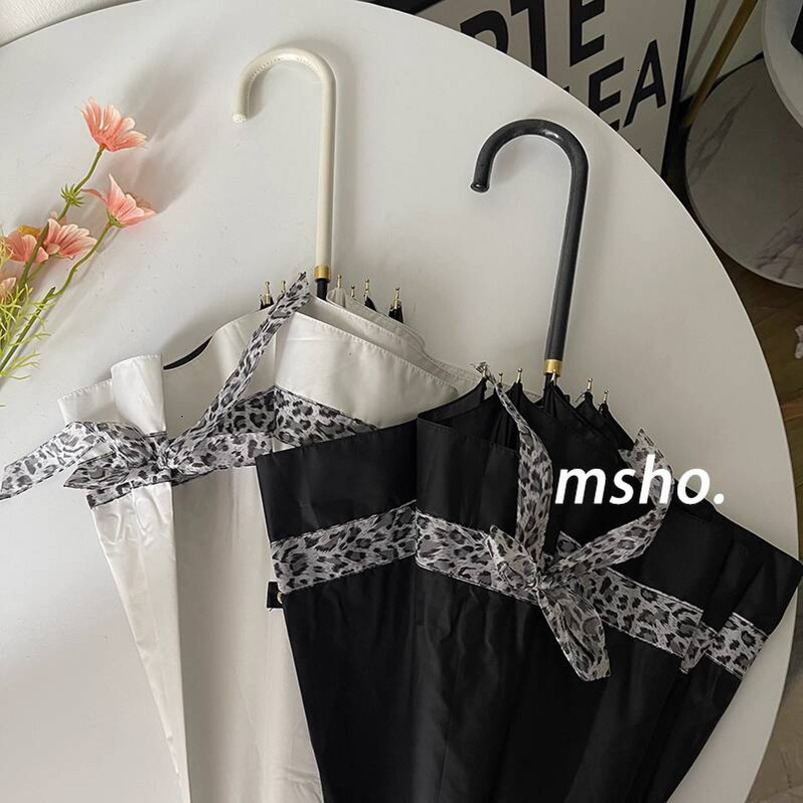 msho Leopard Print Bow Long Handle Women, Dual-use for and Rain, High Aesthetic Black Coating, Sun UV Protection, Sunshade Umbrella