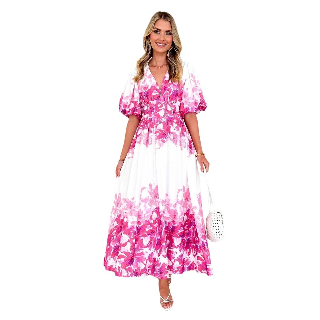 2025 New Spring Summer Puff Sleeve Vneck Womens Dress with Printed Fairy Style Midlength Elegant Flared Dress
