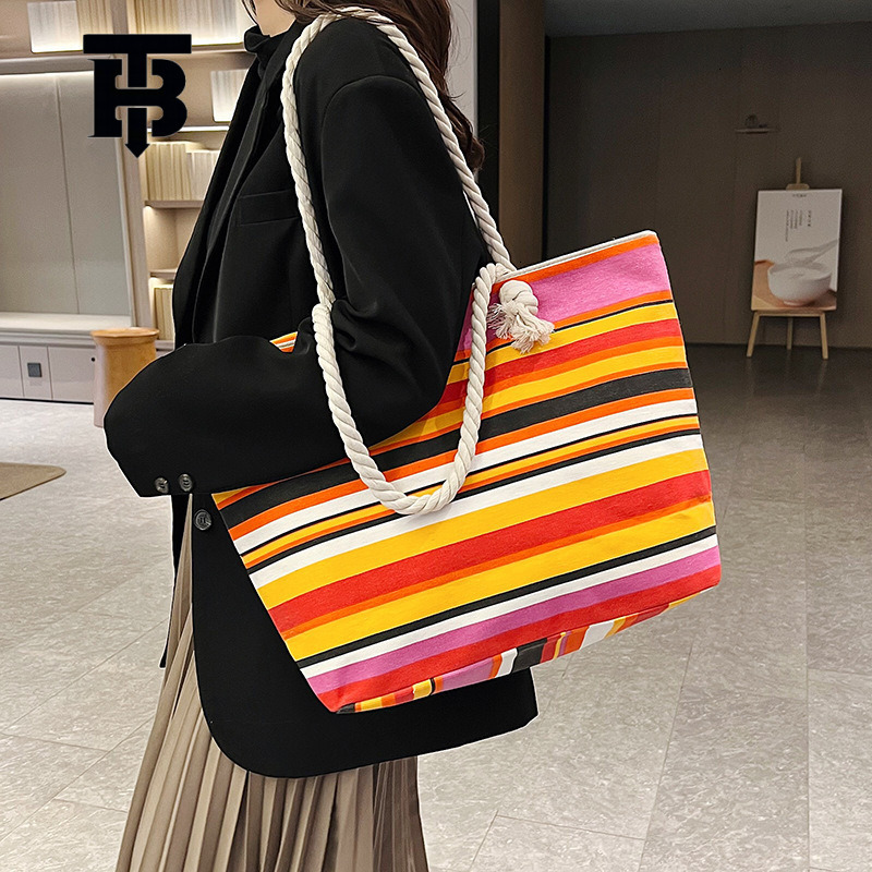 TB BHULAMTE Designer Luxury Bag Bag Cross-border New Canvas Large Capacity Tote Bag Ethnic Style Striped Thick Rope Shoulder Bag For Work Commute Hand