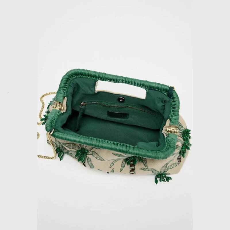 BEADED DETAIL CLUTCH, Envelope Clutchs Tree Embroidered, Designer Handbags with Removable Chain Crossbody Strap