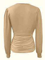 Solid Ruched Deep V Neck Blouse, Casual Long Sleeve Top Spring & Fall, Women's Clothes for Daily Wear, Womenswear