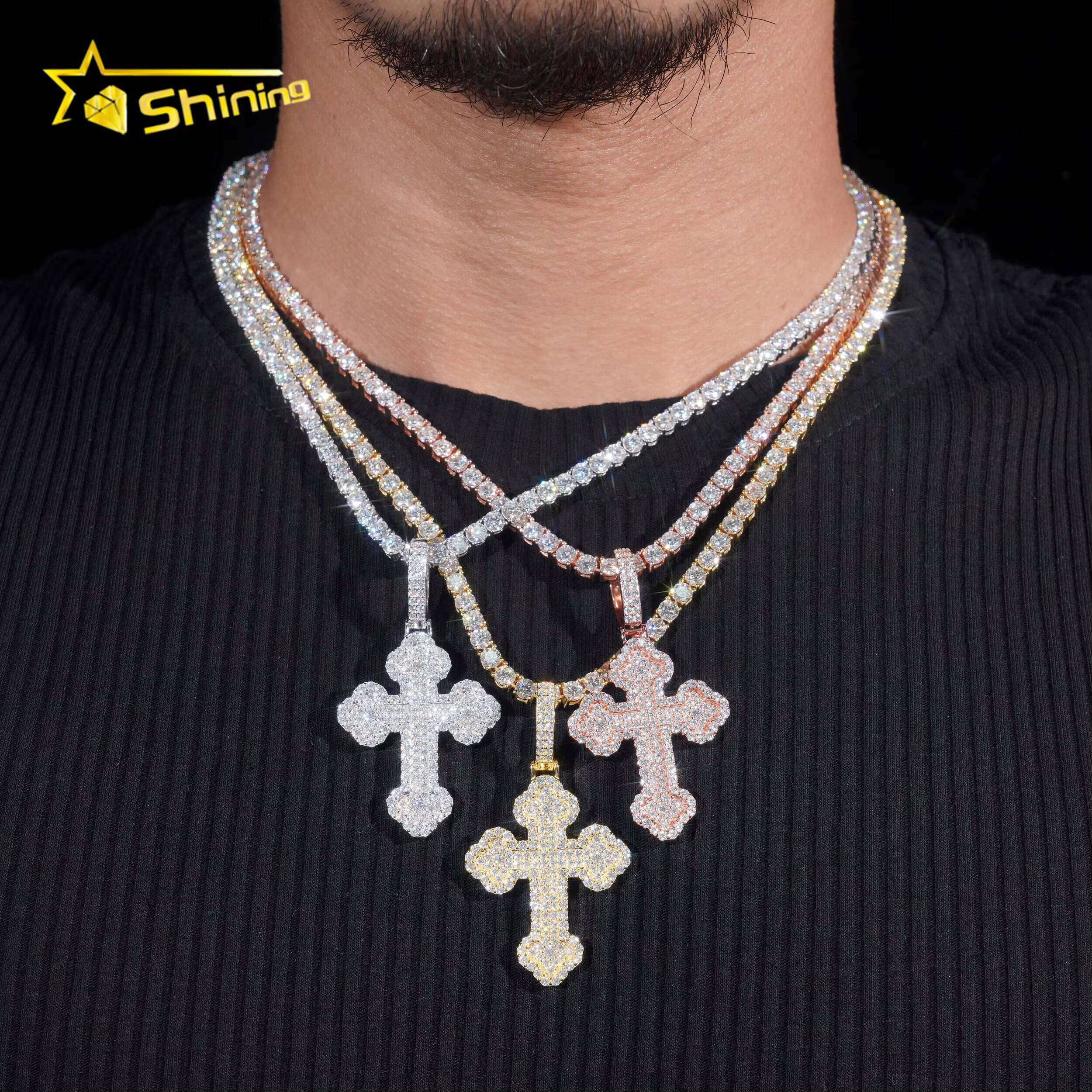Ready to Ship Iced Out Cross Pendant Solid Silver with Moissanite Diamond Hip Hop Pendant Necklace Jewelry Wholesale
