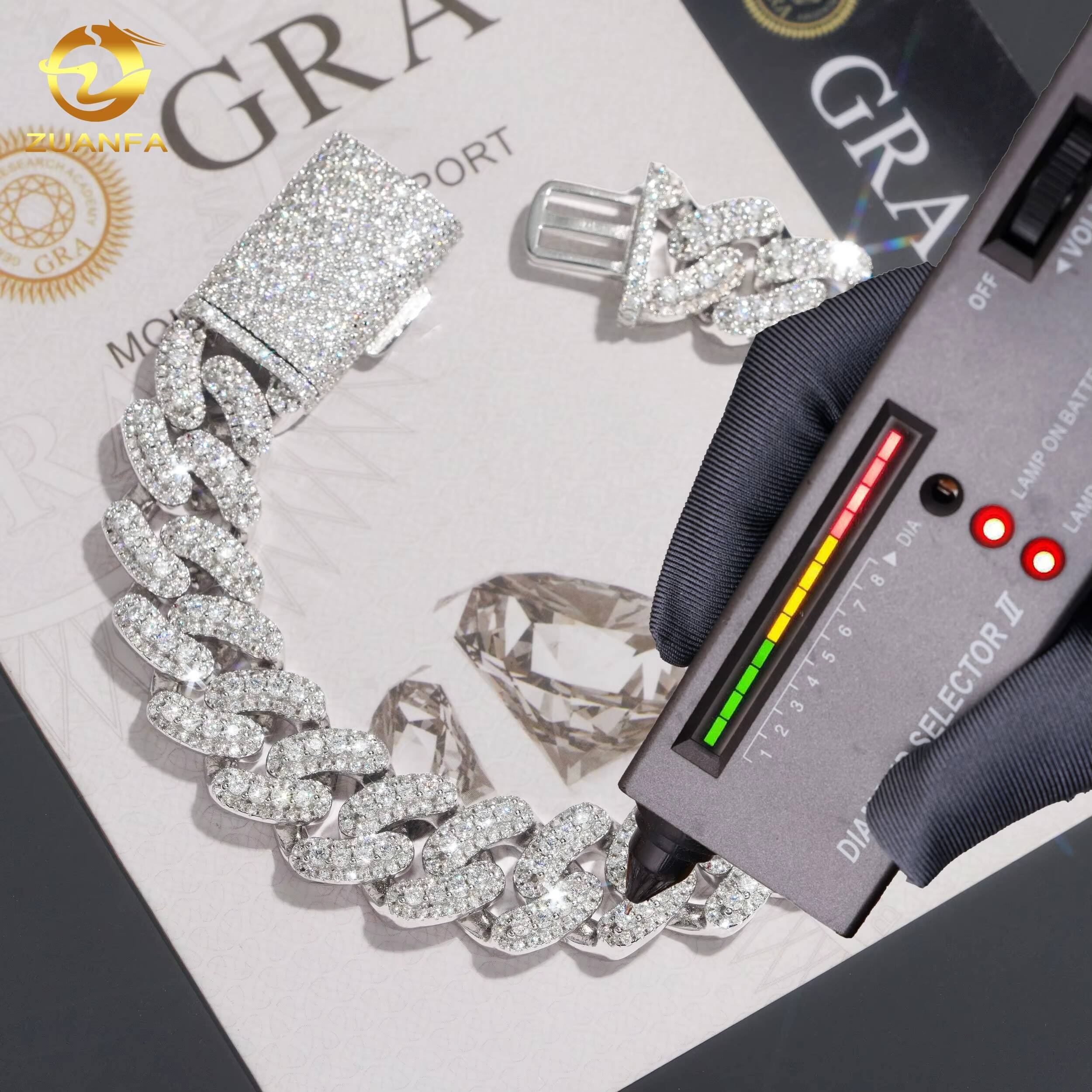 Iced Out Jewelry Cuban Link Chain 925 Silver Mens 15MM Width Hip Hop Moissanite Cuban Link Bracelet