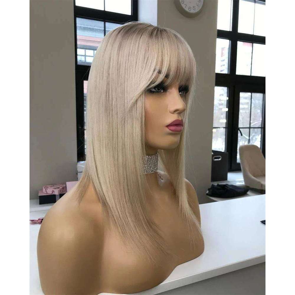 Platinum 13x4 Lace Front with Bangs STraight Dirty Ash Blonde Wigs Natural Roots High Heat Resistant Fibre Fringe Wig