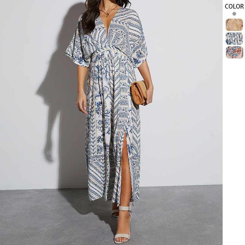 2025 Womens Spring Summer Printed Long Sleeve Vneck Dress