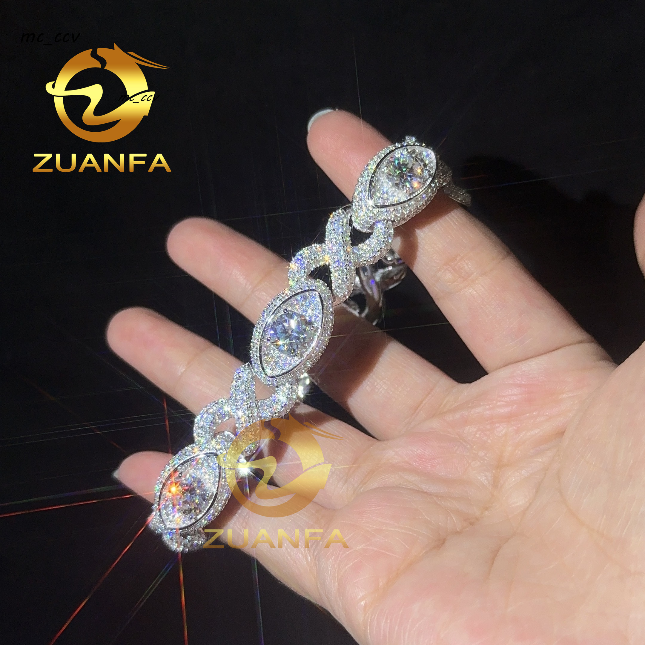 New Design 925 Sterling Silver 13mm Buss Down Evil Eyes VVS Moissanite Bracelet Men High Quality Hip Hop Cuban Bracelet
