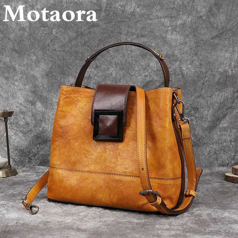 MOTAORA Women's Vintage Bucket Genuine Top-Grain Leather Handmade Purse Designer Casual Office Travel Shoulder Bag
