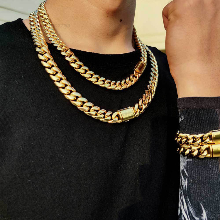 GZYS JEWELRY Wholesale 10 12 14 mm High Quality New Design 18k Gold Chain Men Cuban Link Chain Necklace for Men