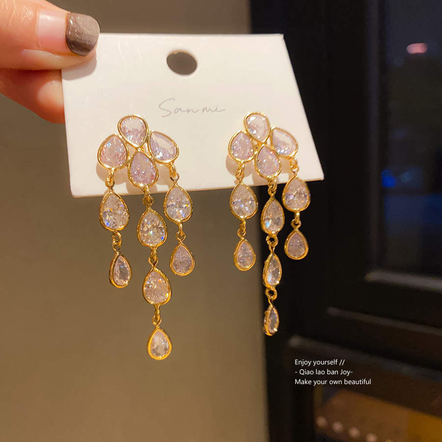 Gold Tone Teardrop Crystal Tassel Earrings With Layered Dangle Design Glamorous Sparkling Style Party & Formal Occasion Wear Gift For Her Luxe Stateme