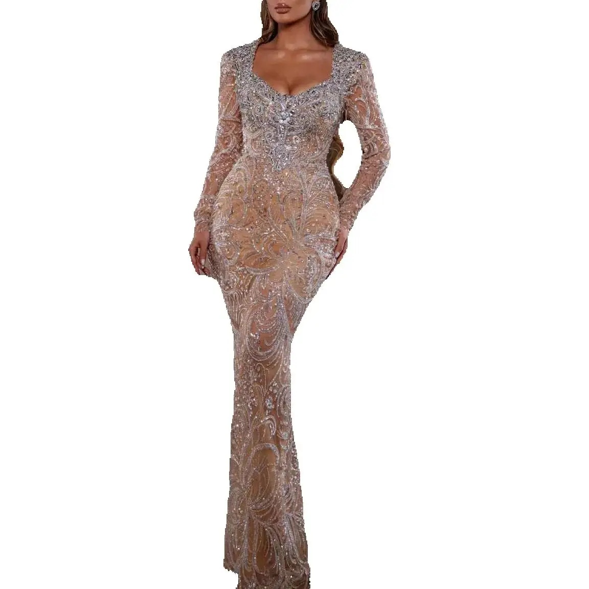 Sexy Crystal Sequined Mermaid Evening Gown Elegant Full Sleeve Lace Prom Dress Floor Length Party Gown Customized