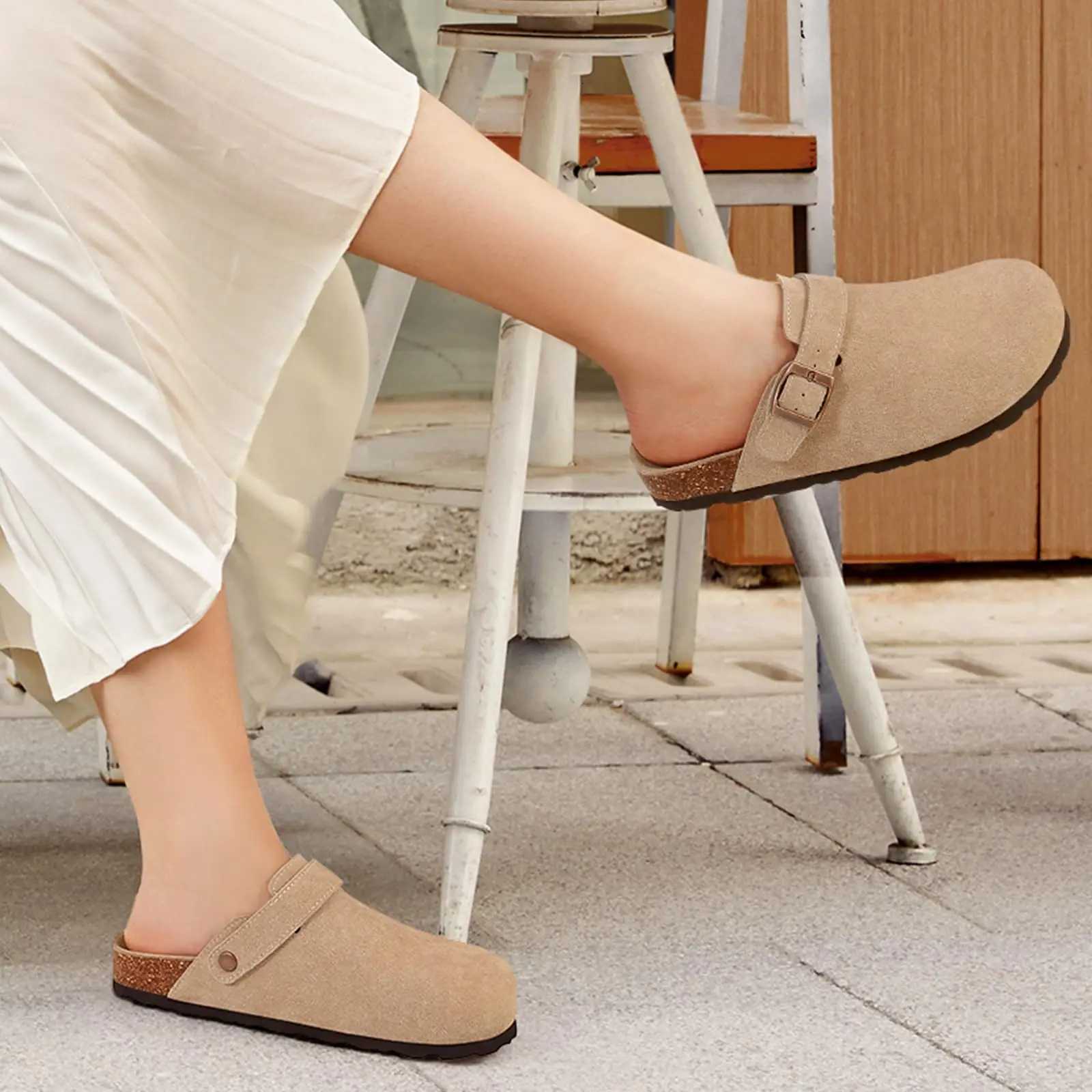 Gacimy Womens Suede Clogs Slippers New Cork Footbed Leather Mules With Adjustable Strap Men Slip on Potato Shoes Men Cork Slide W250905