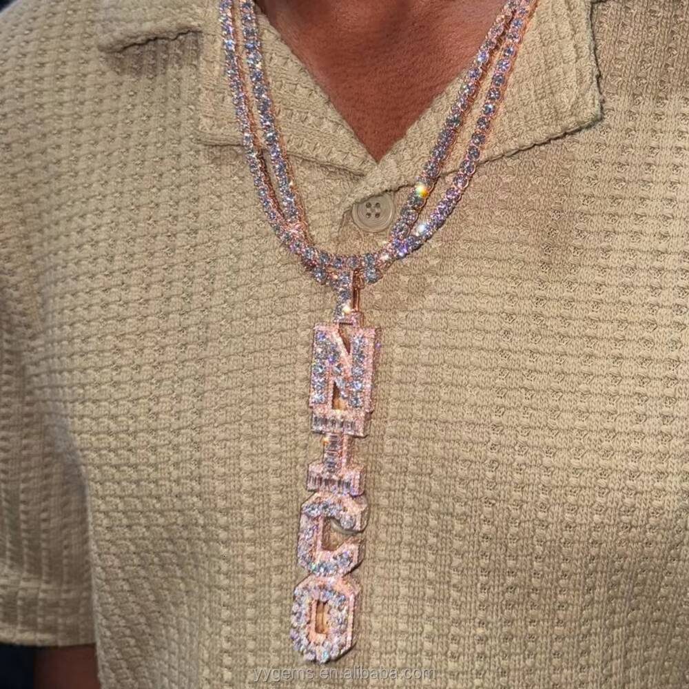 Custom Letters Long Pendant Baguette Moissanite 925 Sterling Silver Gold Plate Hip Hop Fashion Vertical Pendant Necklace Men