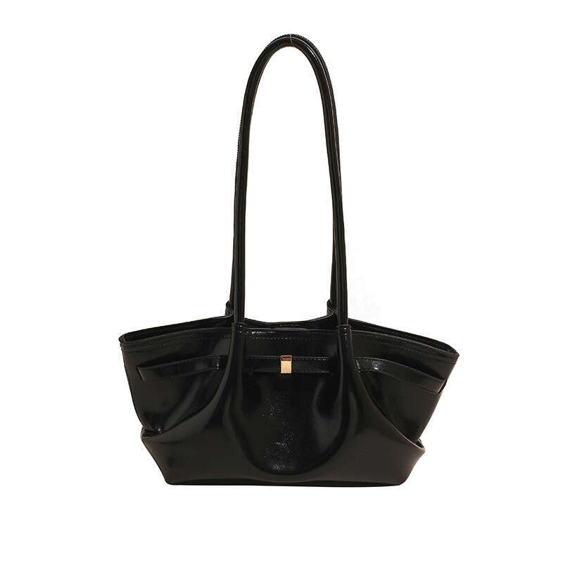 DHEssentials 2025 Korean Style Tote Bag, Oil Wax PU, Large Capacity, Pleated Double Straps, Black/White/Red