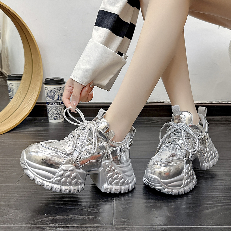 Women Designer Casual Shoes Height Increased Platform Sport Shoes Fashion Leather Fabric Breathable Running Shoes Shiny silver anti slip height increa