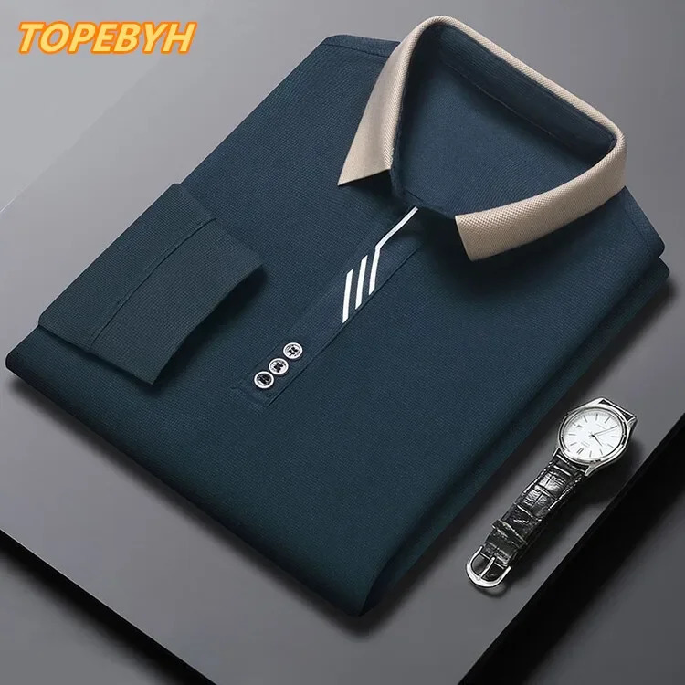 Mens Long Sleeve Turndown Collar Waffle Tshirt Business Casual Polo Shirt Tee 250905