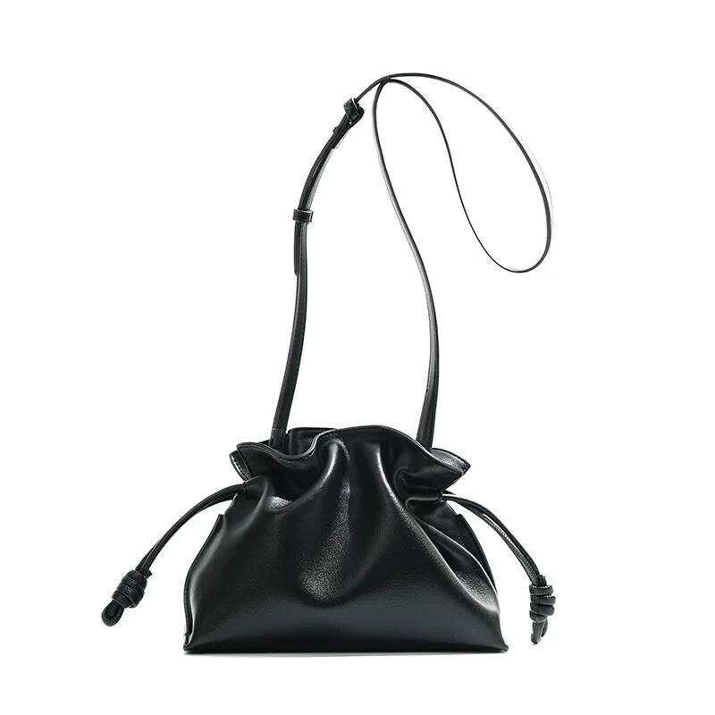 Classic Flamenco Lucky Bag, Genuine Leather Cloud with Drawstring, Shoulder Bucket Bag for Women, Autumn and Winter