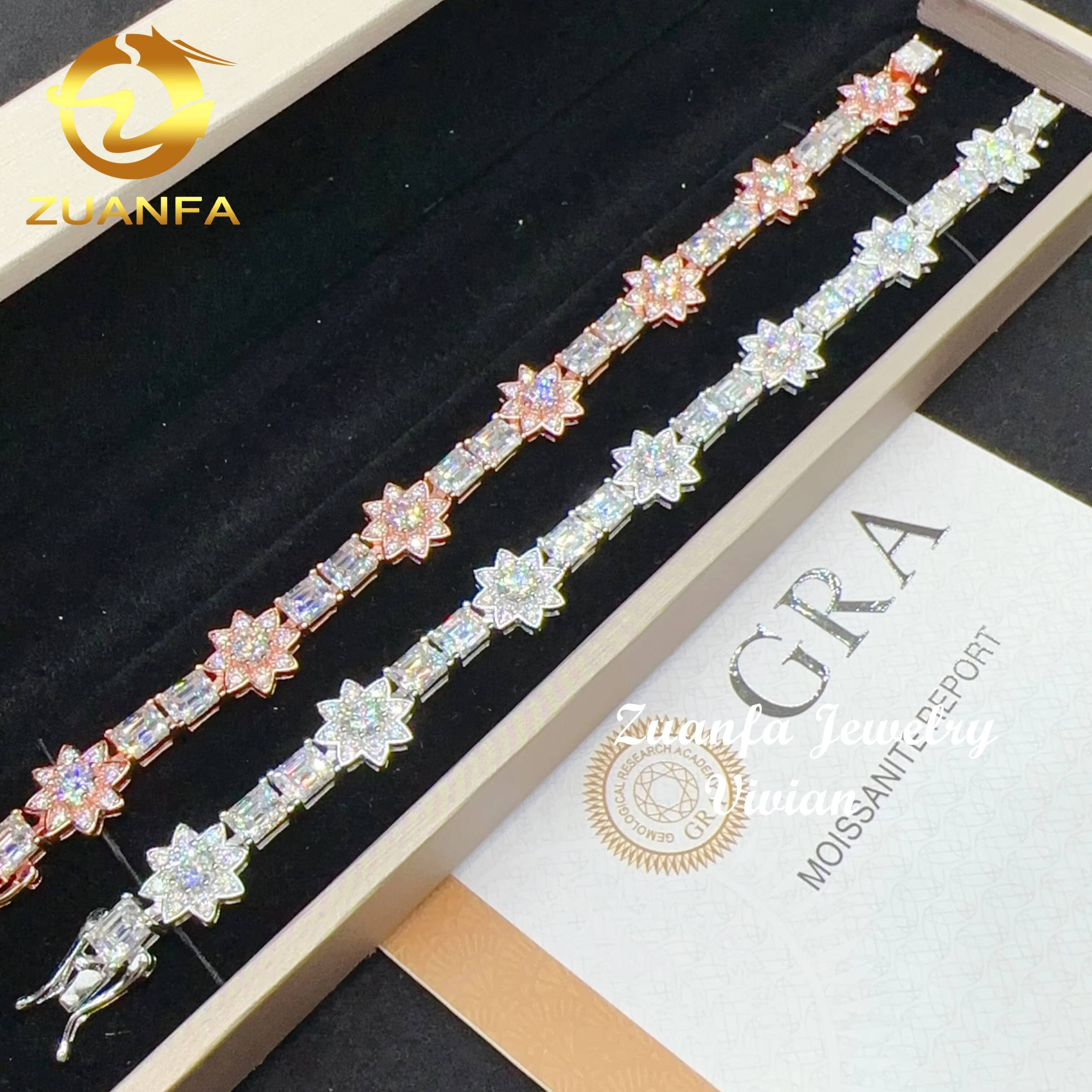 Emerald Cut Lab Diamond Tennis Chain Silver 925 Vvs Moissanite Flower Bracelet Iced Out Hip Hop Jewelry Tennis Bracelet