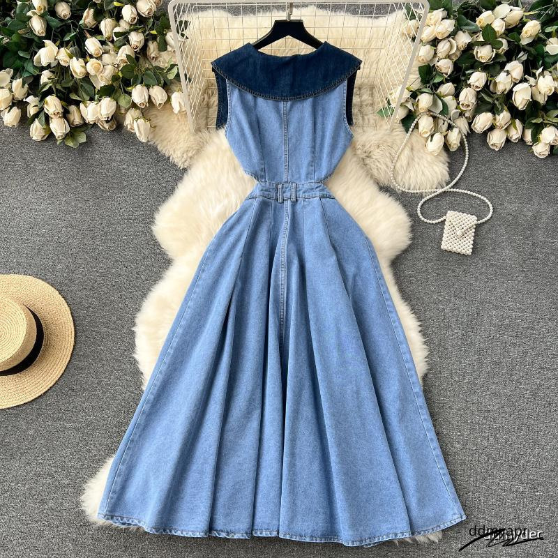 Casual Dresses Designer Denim Dress Women Long Single Breasted Big Turn-Down Collar Waist Slimming Temperament Split A-Line Vestidos Ddmydec