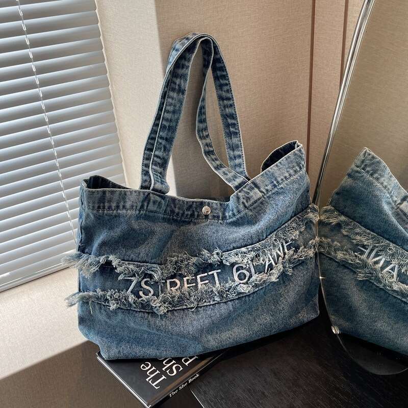 Letter Embroidery Designer Bags High-End Washed Denim 2025 New Korean Style Casual Mommy Tote Shoulder Bag Trendy