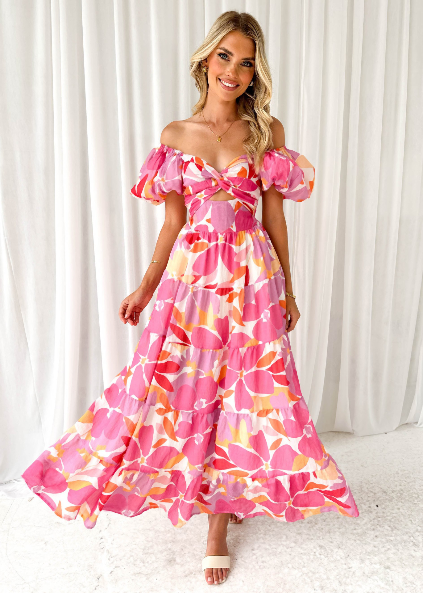 2025 Summer New Vacation Casual Printed WaistCinching Puff Sleeve Flared Dress for Women