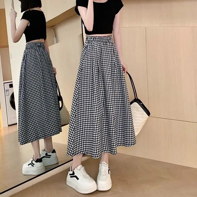 Black White Checkered Aline Skirt Women Summer Lightweight High Waisted Long for Petite Slimming Casual 250905