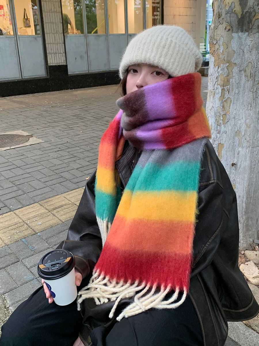 Fashionable Colorful Striped Faux Cashmere Thick Scarf For Women Winter 2025 New Highend Warm Neck WarmerXJ250905