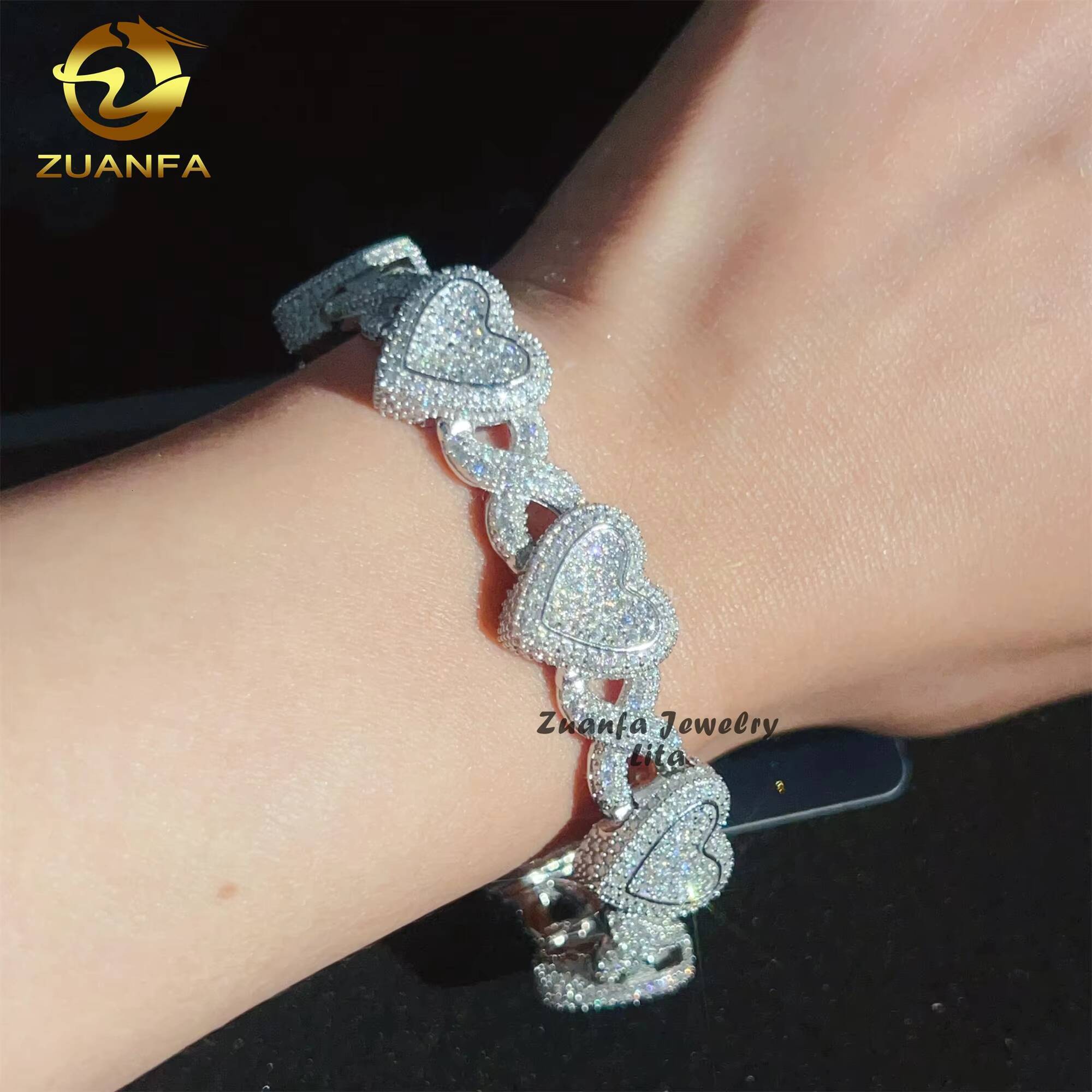 Iced Out Jewelry Heart Infinity Hip Hop Sparkle 925 Sterling Silver VVS Moissanite Diamond Cuban Link Bracelet