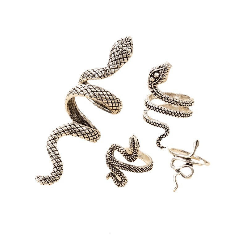 Cool and Stylish Men's Snake Pattern Punk Style Exaggerated Animal Four-Piece Ring Set