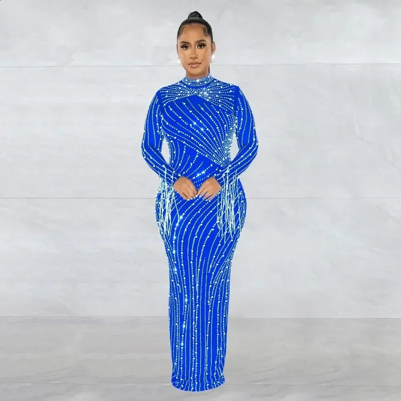 Women Mesh Tassel Long Sleeve Diamonds Rhinestones Bodycon Midi Maxi Long Dress and Tank Inner Dresses 2piece Suit 250815