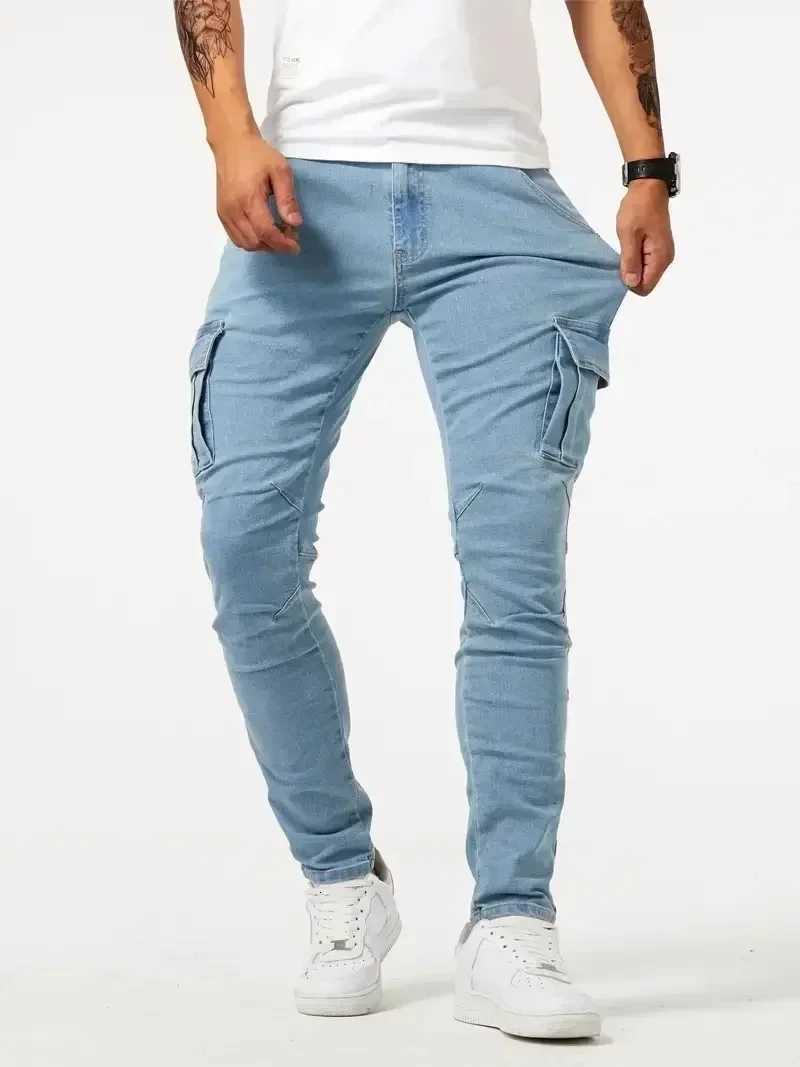 2025 Street Elastic Jeans Men Denim Cargo Pants Wash Solid Color Multi Pockets Casual Mid Waist Trousers Slim Daily Wear Joggers W250905