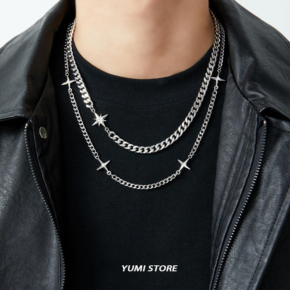 Hip Hop Doublelayer Star Cross Necklace For Man Woman Steel Clavicle Chain Choker Punk Male Accessories Wholesale 250905