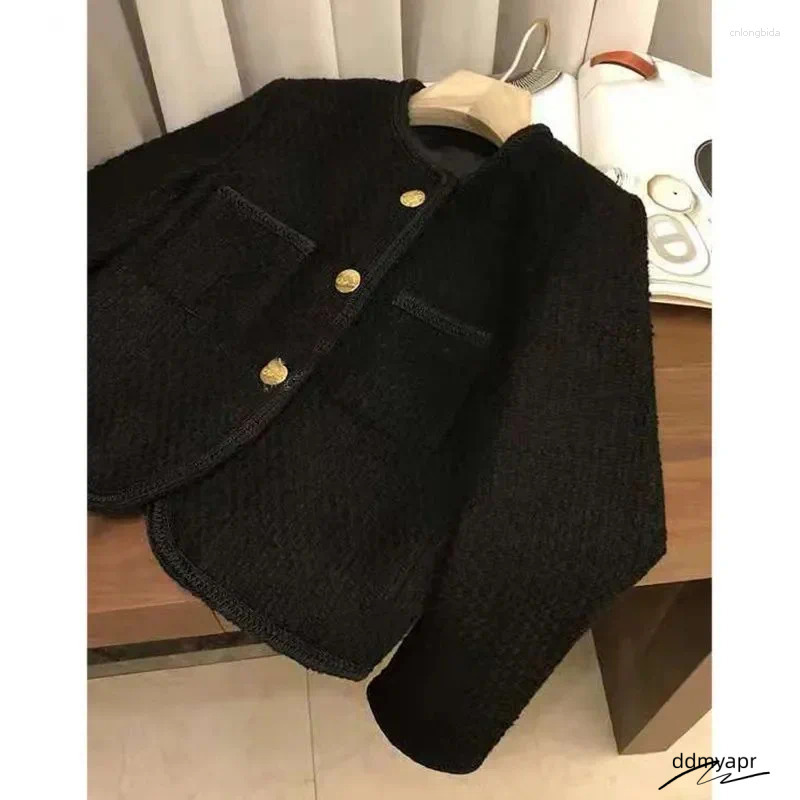 Women's Jackets Women Jacket Woman Clothing Spring And Autumn Black Fragrance Single-Breasted Ddmydec Round Neck Short Ddmydec Ddmydec Ddmydec Dd