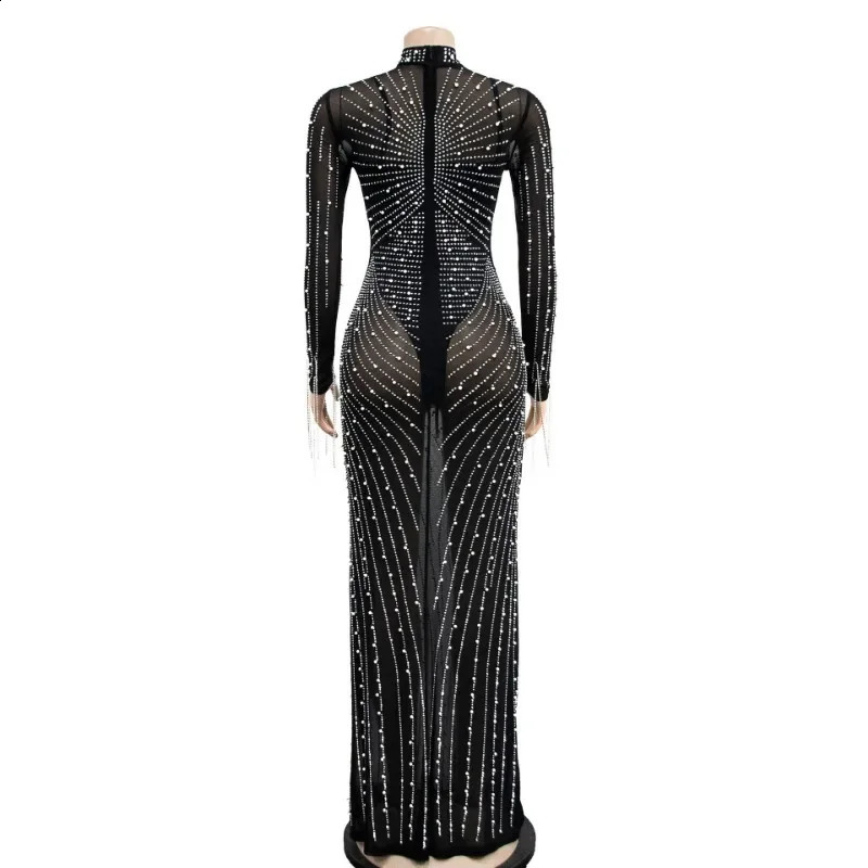 Women Mesh Tassel Long Sleeve Diamonds Rhinestones Bodycon Midi Maxi Long Dress and Tank Inner Dresses 2piece Suit 250815