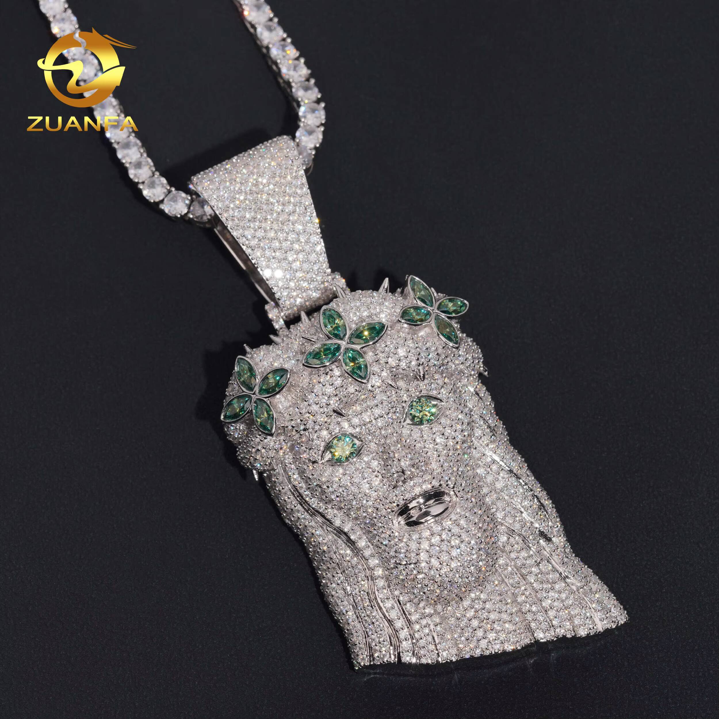 Fine Hip Hop Jewelry Iced Out Solid Back Blue Green Marquise VVS Moissanite Diamond Pendant 925 Silver Jewelry Jesus Pendant