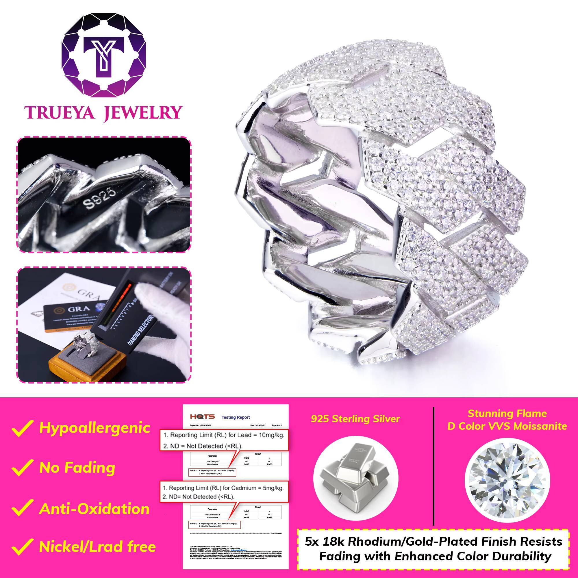 Factory Wholesale Custom Miami 925 Sterling Silver Mossanite Jewelry 3 Rows Cuban Moissanite Diamond Iced Out Hip Hop Ring Men