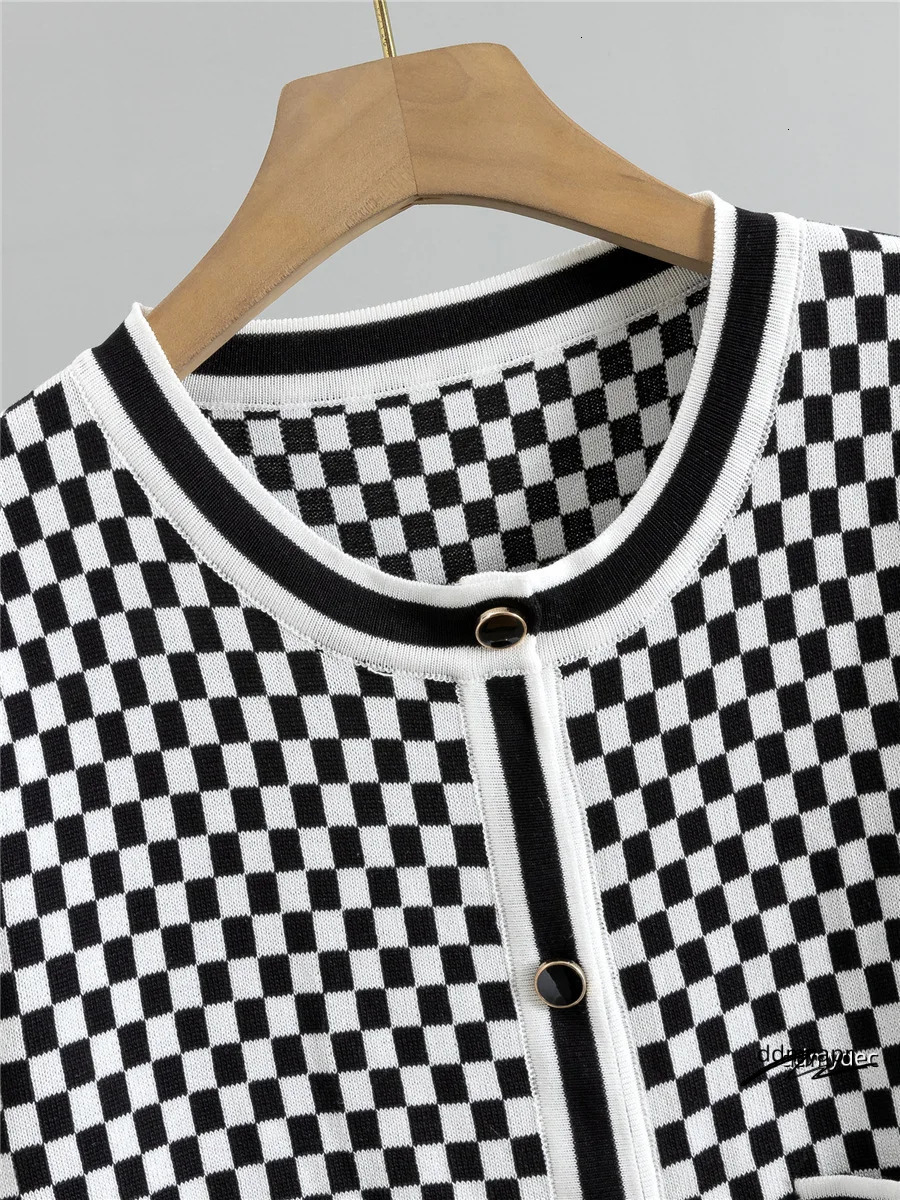 Plaid N Knitted 2 Piece Sets Women Single Ddmydec Breasted Knit Sweater Cardigan Tops Conjuntos High Waist Wide Leg Pants Outfit 250721 Ddmydec Ddmyde