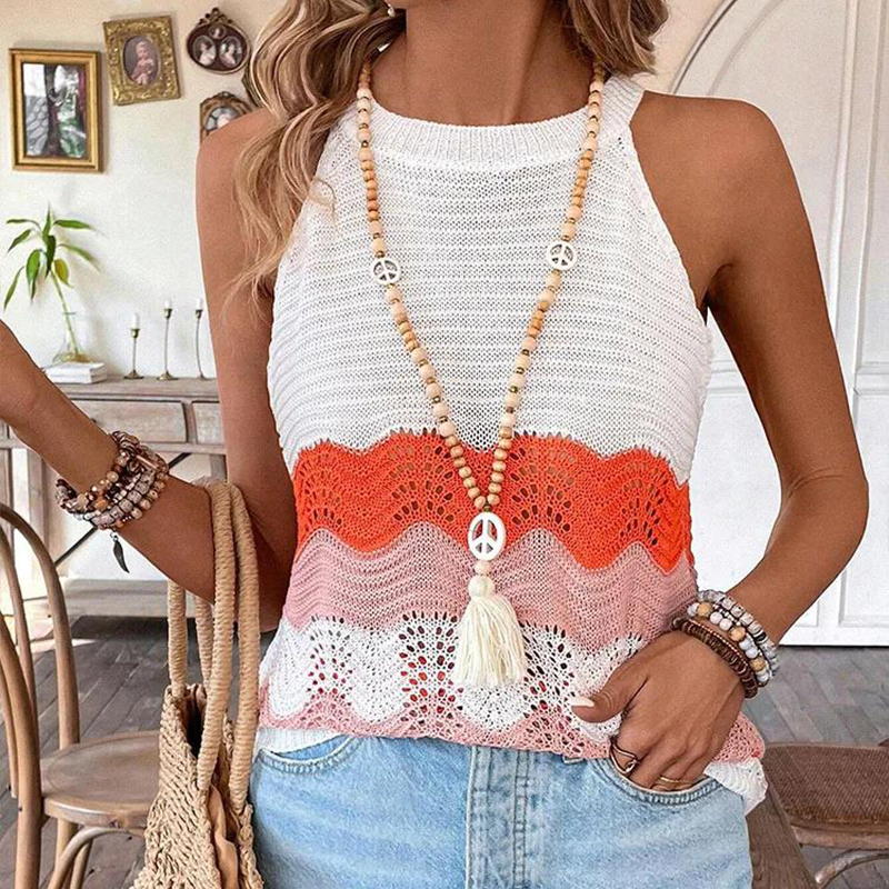 Designer Clothing Women's Knitted Sweater Contrast Color Hollow Vest