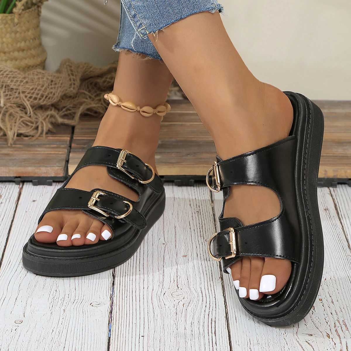 Casual Sandals Women Leather Metal Ankle Buckle Strap Summer Beach Ladies Low Heel Sport Shoes Handmade W250905
