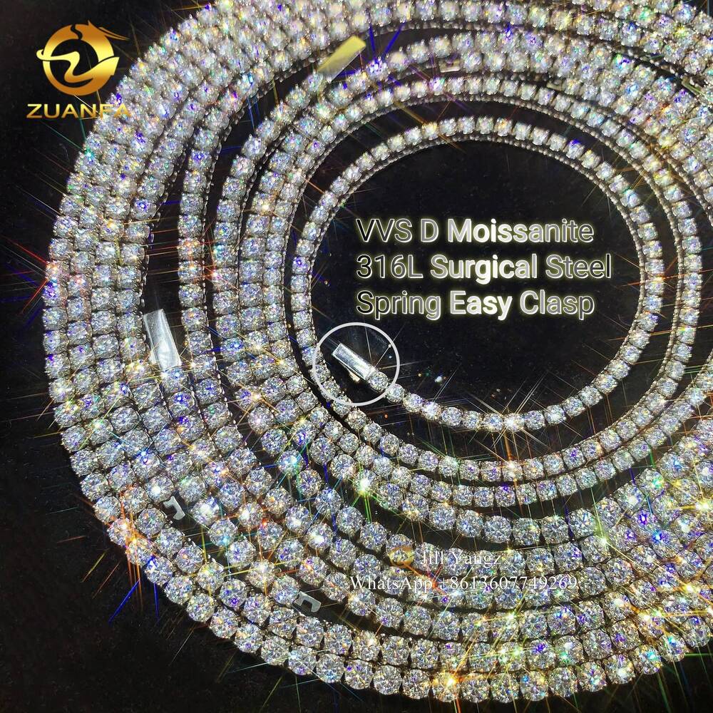 Zuanfa Jewelry Spring Clasp Moissanite Tennis Chain Necklace 3mm 4mm 316L Surgical Steel Gift Idea Stainless Steel Jewelry