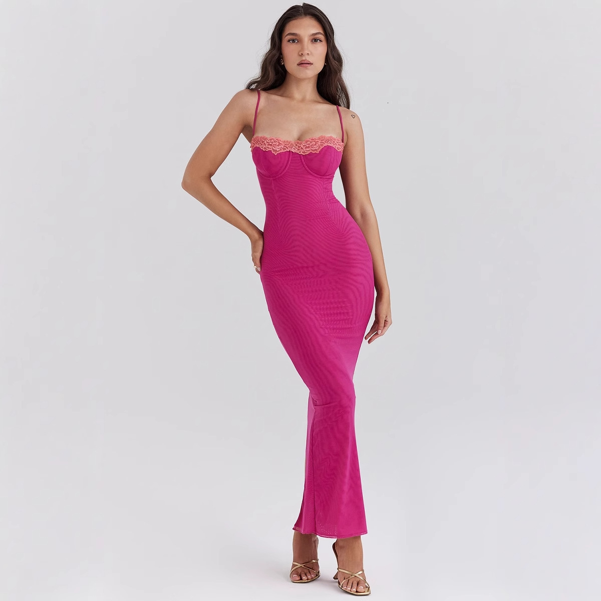 Womens New Lace Trim Strapless Long Dress Hot Girl Fashion Spaghetti Strap Vacation Style Dress for Women