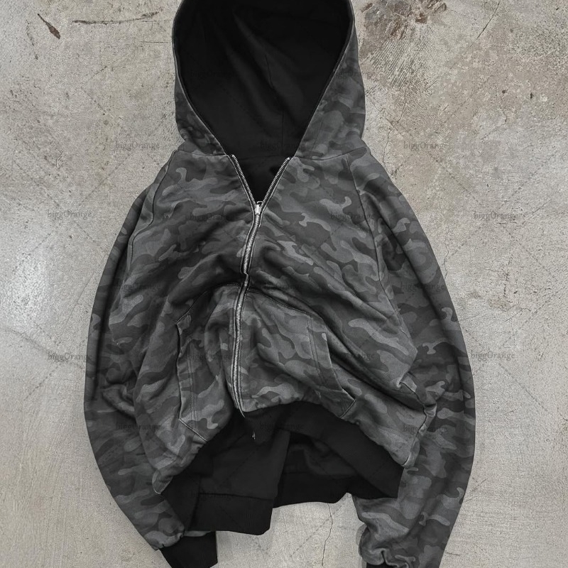 American Retro Harajuku Camouflage Zipper Hoodie Women Hiphop Trendy Streetwear Gothic Punk Casual Oversized Sweatshirt Men 250904