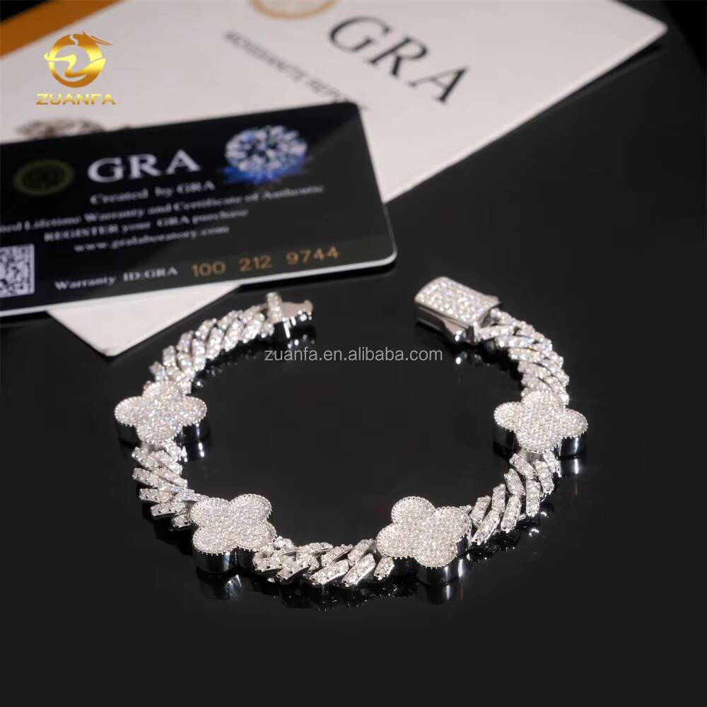 Bulk Stock Hot Selling Rapper Fashion Luxury Jewelry S925 Silver Iced Out Hip Hop Moissanite Clover Flower Cuban Bracelet