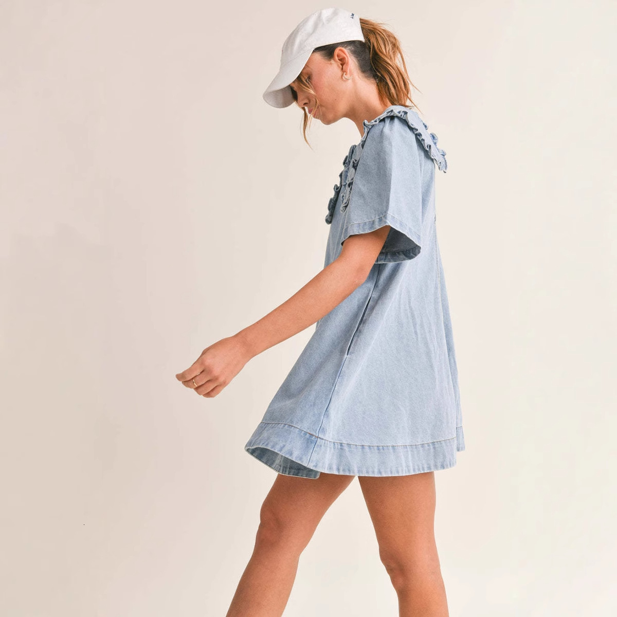Denim Dress Women 2025 Summer New Turndown Collar Loose Ruffle Dress
