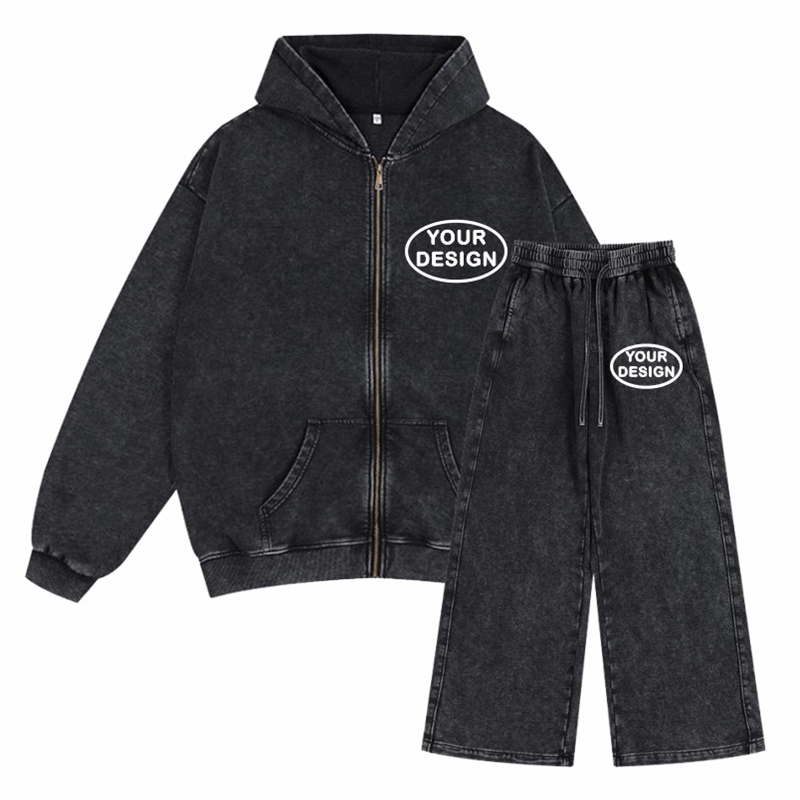 Wax Dyed Wool Zipper Hooded Sweatshirt Pants Set Custom Printing y Retro Washed Old Street 250904