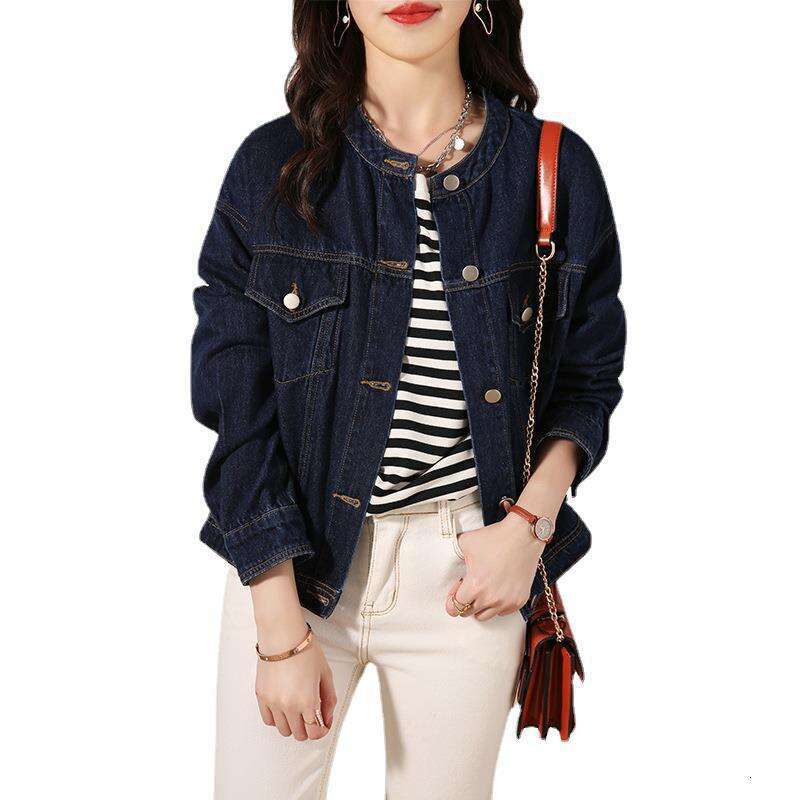 Round Neck Workwear Jacket Early Spring Women's Fashion New Short Blue Denim Top B5