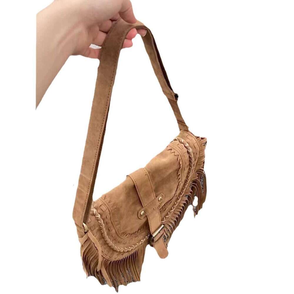 2024 New Faux Suede Tassel for Women, Khaki Color, Versatile Ethnic Style Crossbody Bag Trend