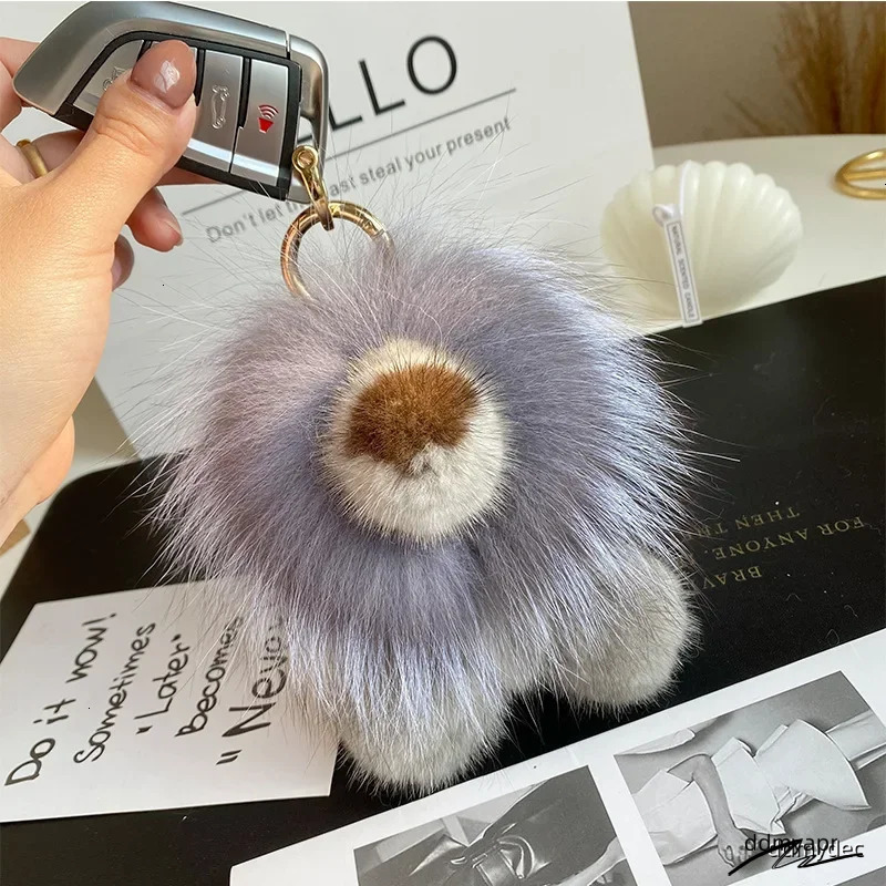 Real Mink Small Lion Pendant Keychain Women Cute Toy Car Key Bag Charm Ornaments Metal Ring Genuine Fur Kids Ddmydec Plush Gifts Ddmydec