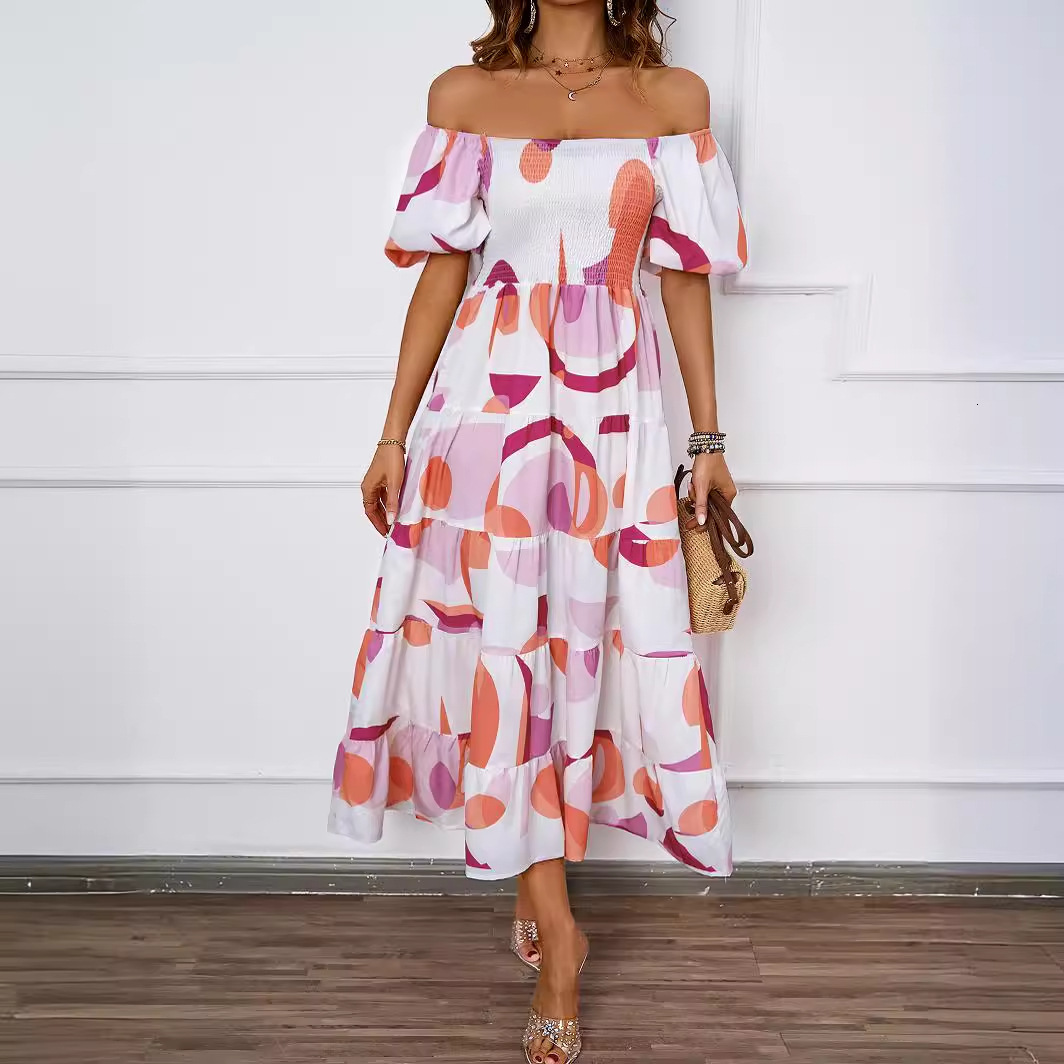 Summer New Elegant OffShoulder Printed Puff Sleeve Dress for Women