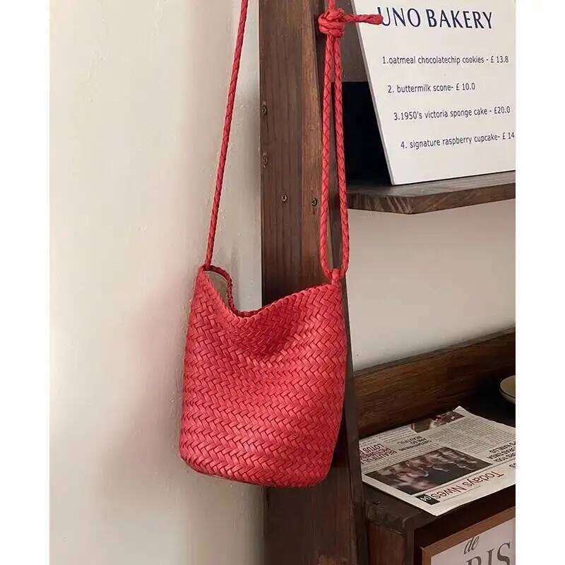 MOTAORA Bucket Bag for Women Crossbody Cowhide Leather Hand Woven Slant Top Handbag with Phone Pocket New Design